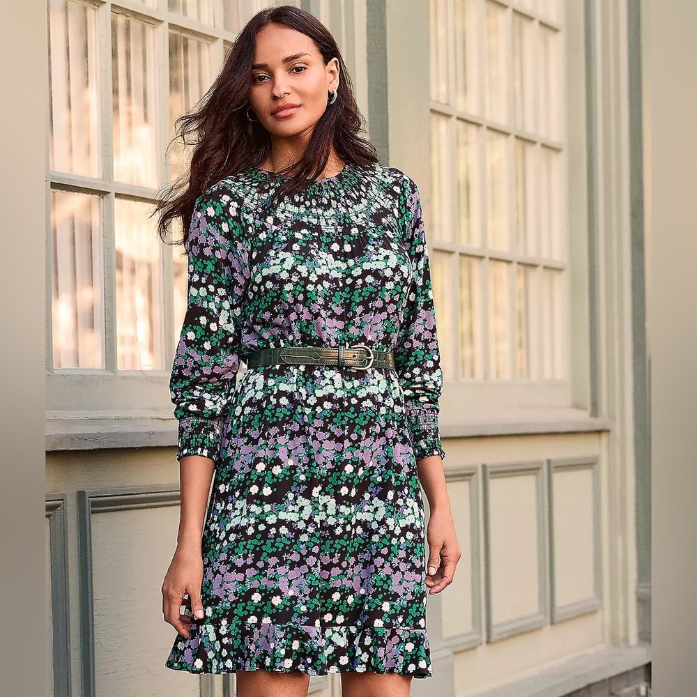 LOFT NWT S Ultra Soft Ditsy Floral Smocked Flounce Dress • Autumn Flower Print